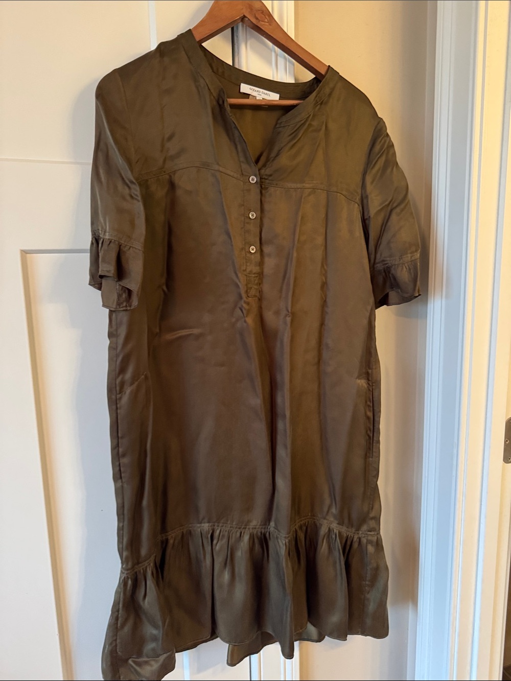 Gerard Darel Olive Green Ruffle-Hem Midi Dress